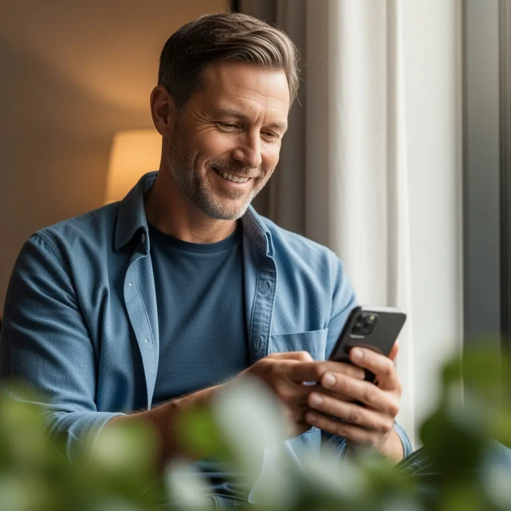a man smiling and looking at smartphone