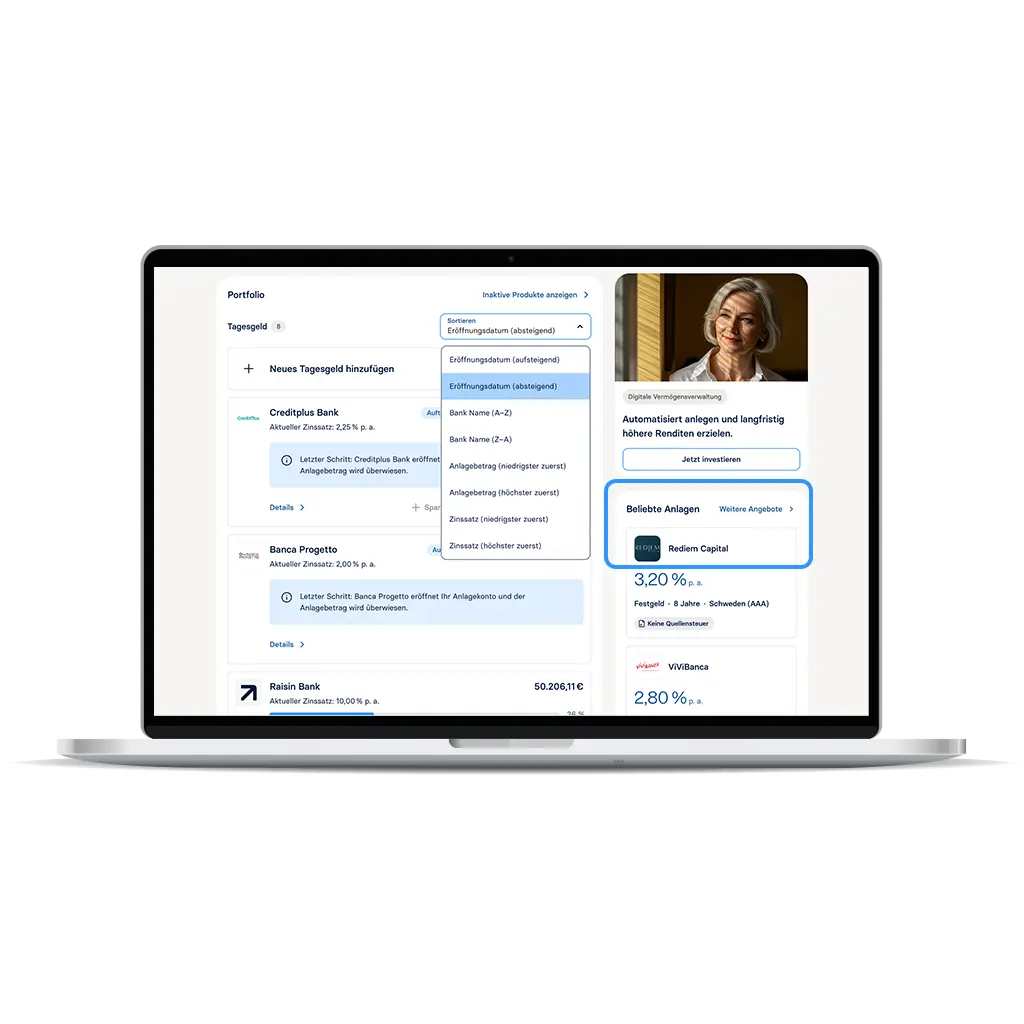 Raisin DE-Beliebe Anlagen Neue Spalte rechts mit den beliebtesten Anlagen bei Raisin.
