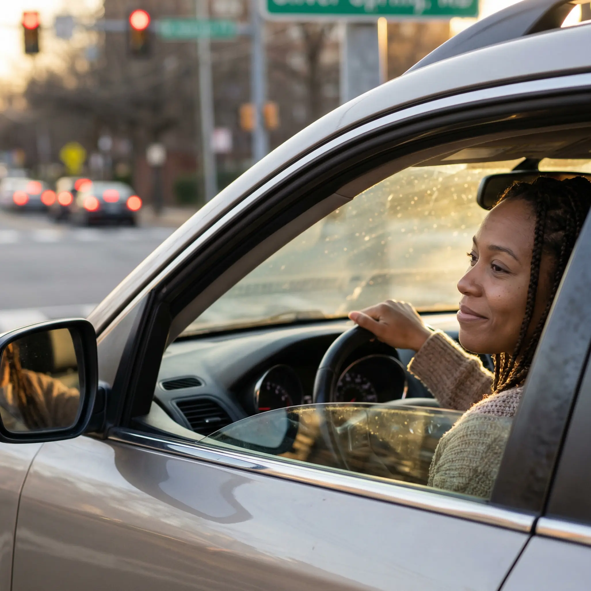About-First-Mid-Bank-Trust.png A woman smiling while driving her car through a city intersection during a golden hour sunset.