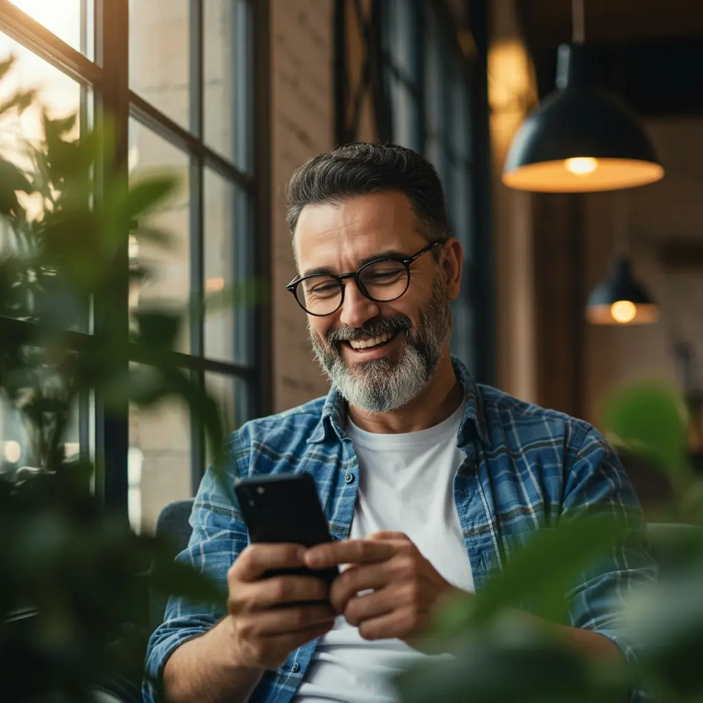 Hombre con gafas mirando al móvil.
