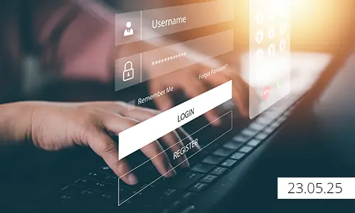 Raisin-DE Mehr Sicherheit beim Einloggen Zwei Hände tippen auf einer Tastatur, während ein transparenter Bildschirm Login-Felder zeigt.