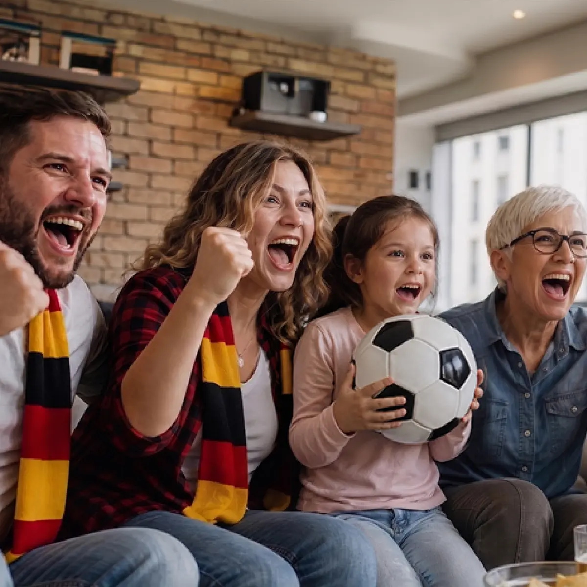 Raisin DE Weltmeister Festzins Vorteile Eine Familie und eine ältere Frau jubeln gemeinsam auf dem Sofa, während das Mädchen einen Fußball hält.