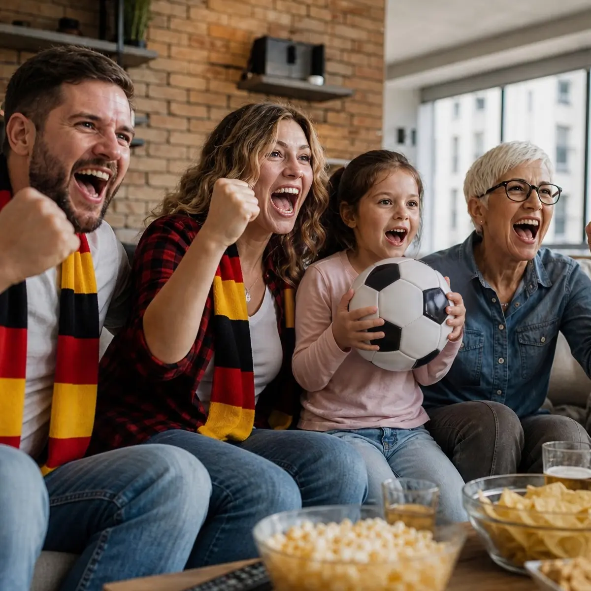 Raisin DE Weltmeister Festzins Vorteile Eine Familie und eine ältere Frau jubeln gemeinsam auf dem Sofa, während das Mädchen einen Fußball hält.