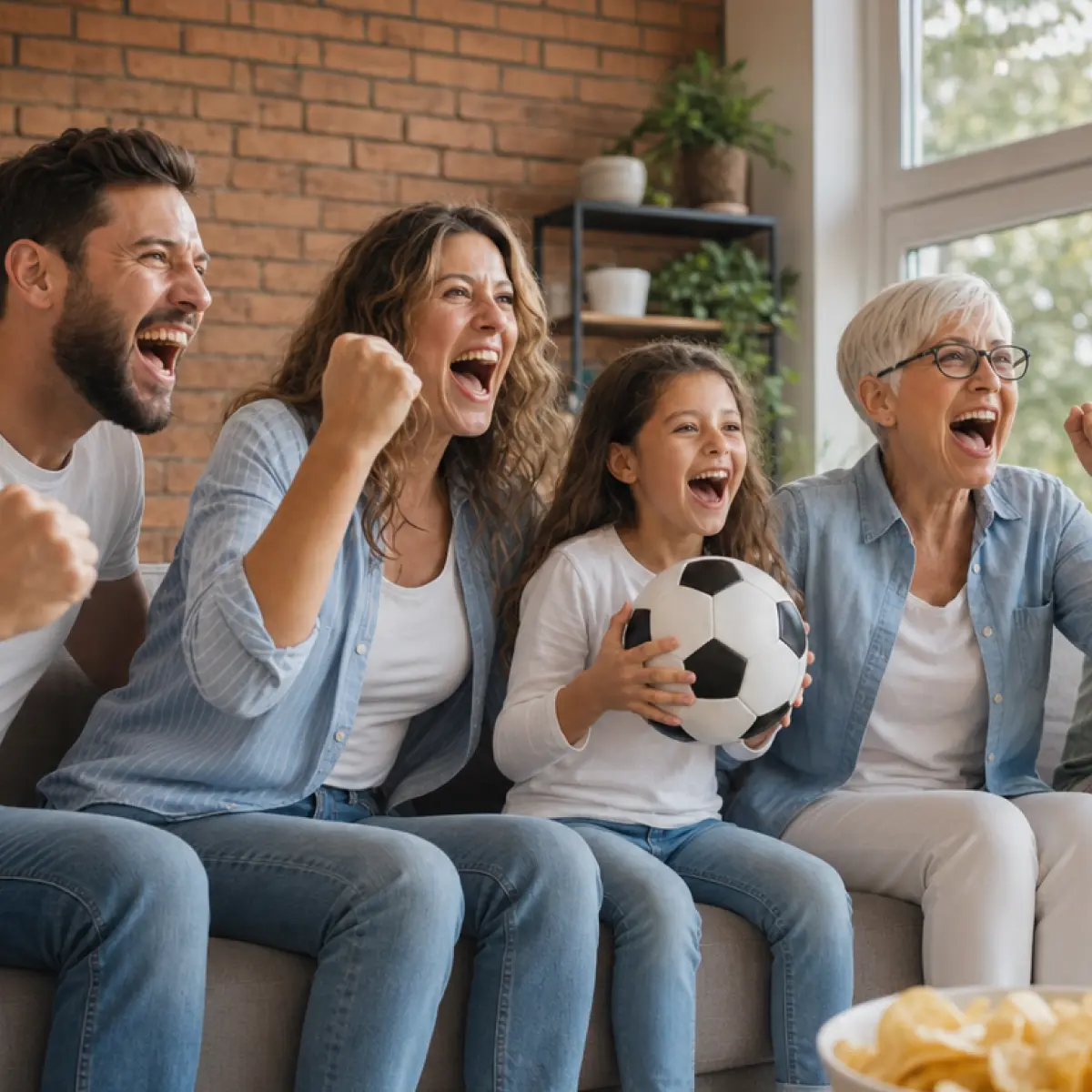 Raisin DE Weltmeister Festzins Vorteile Eine Familie und eine ältere Frau jubeln gemeinsam auf dem Sofa, während das Mädchen einen Fußball hält.