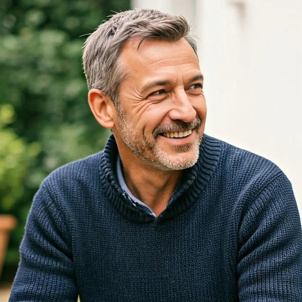 Smiling middle-aged man in a navy sweater sitting outdoors in front of a house with greenery in the background.
