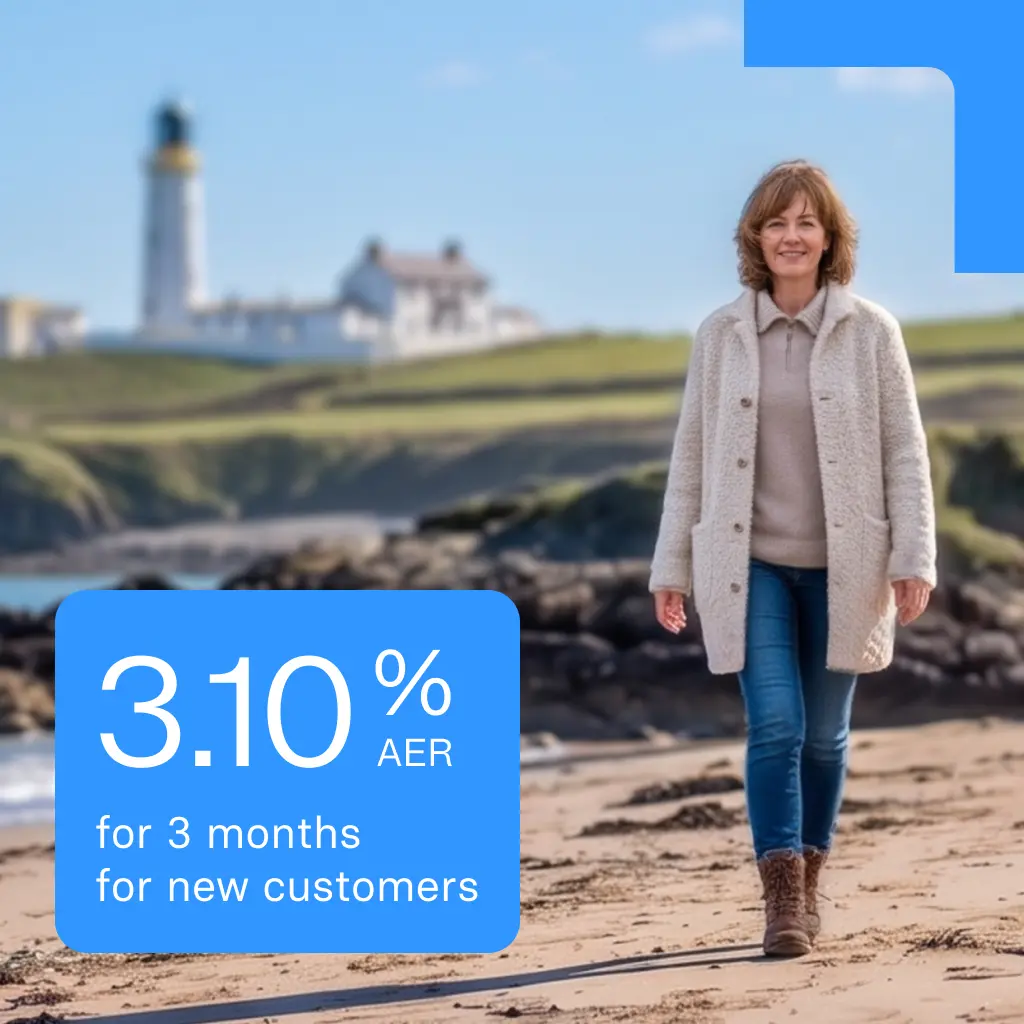 Woman walking on a beach with a lighthouse in the background, alongside a promo graphic showing 3.10 percent AER for new customers.