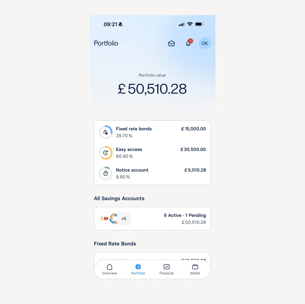 raisin-uk-app-portfolio.png A screenshot showing the redesigned Portfolio screen on the Raisin UK app