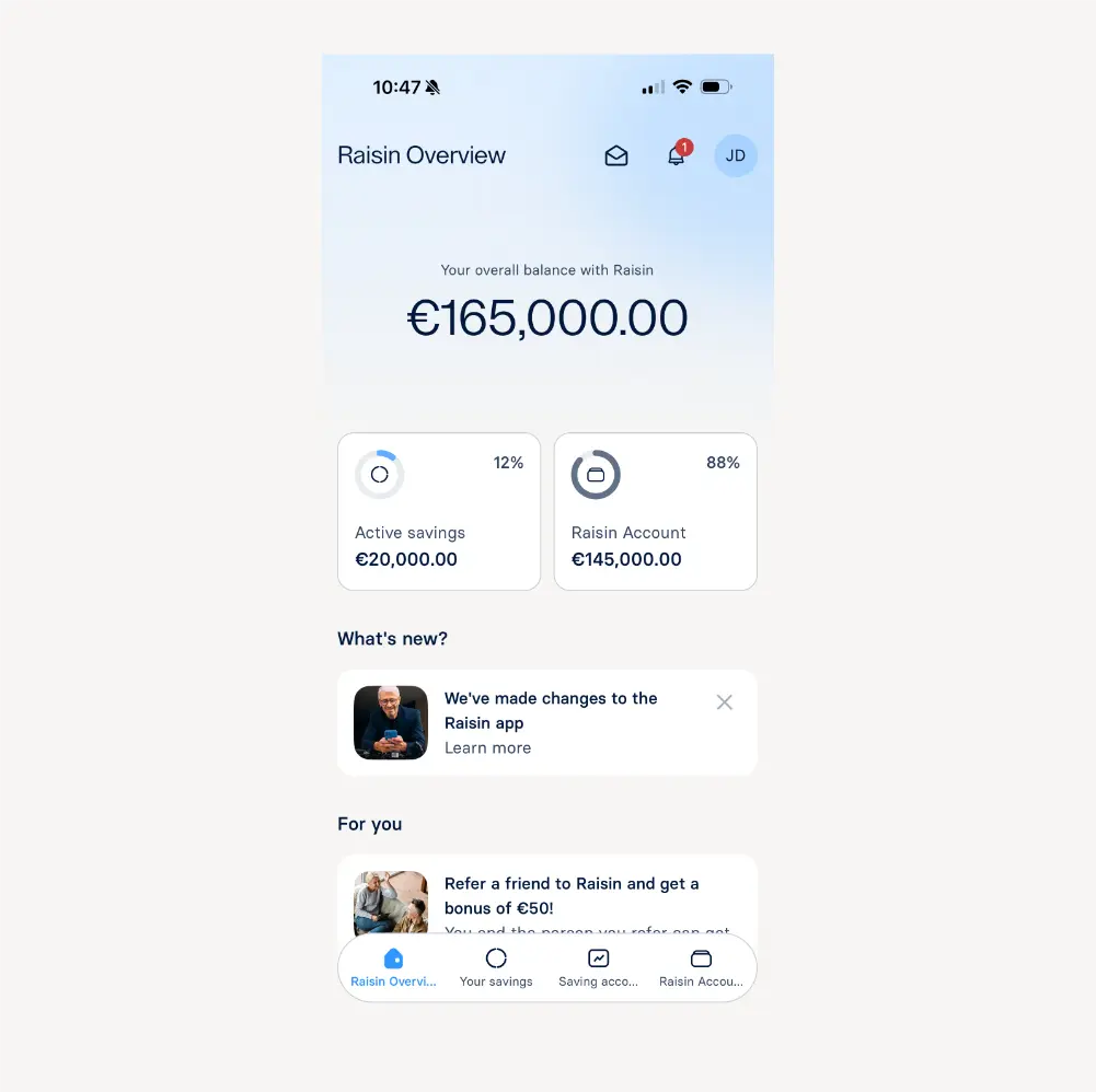 Raisin IE-App Overview Raisin Overview app screen showing total balance of €165,000.00, divided into Active savings (€20,000) and Raisin Account (€145,000).