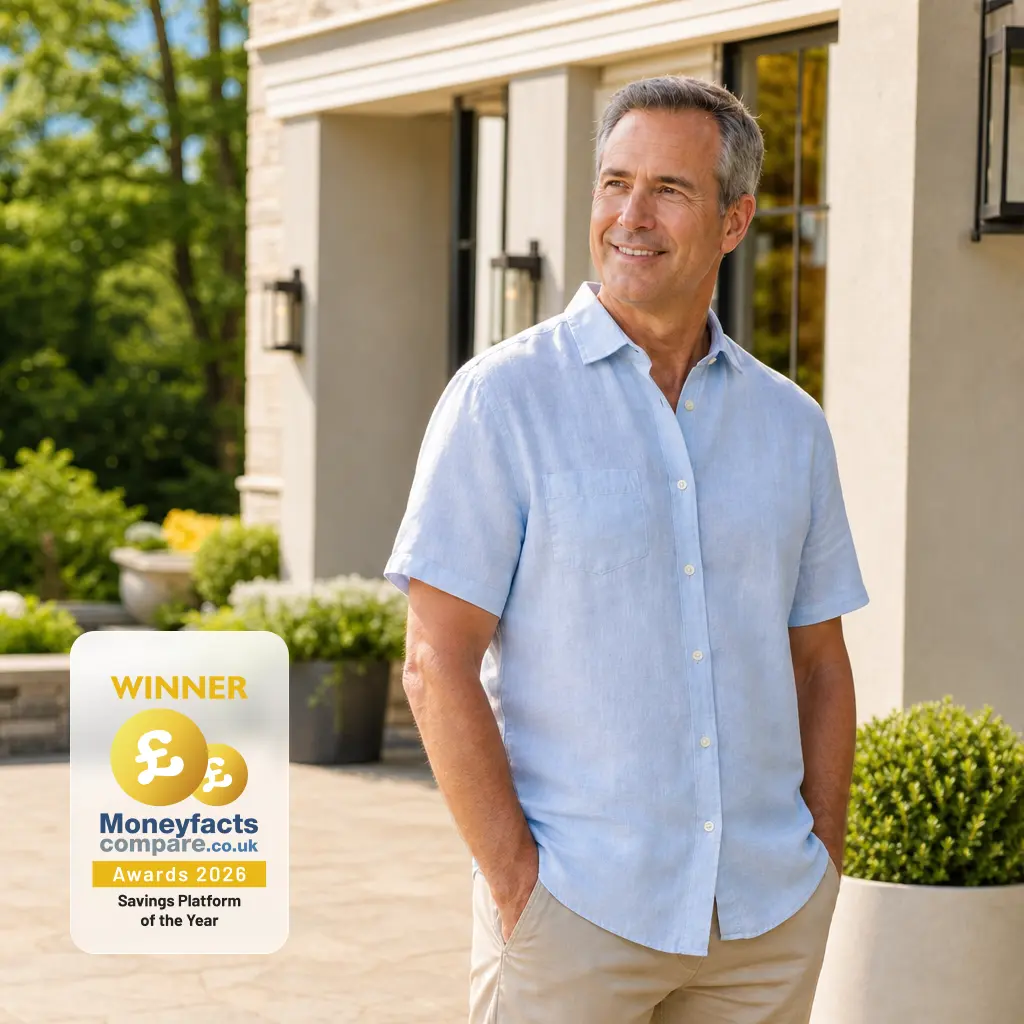 A man in his 60s, wearing a short-sleeved blue shirt, standing outside a sun-drenched house.
