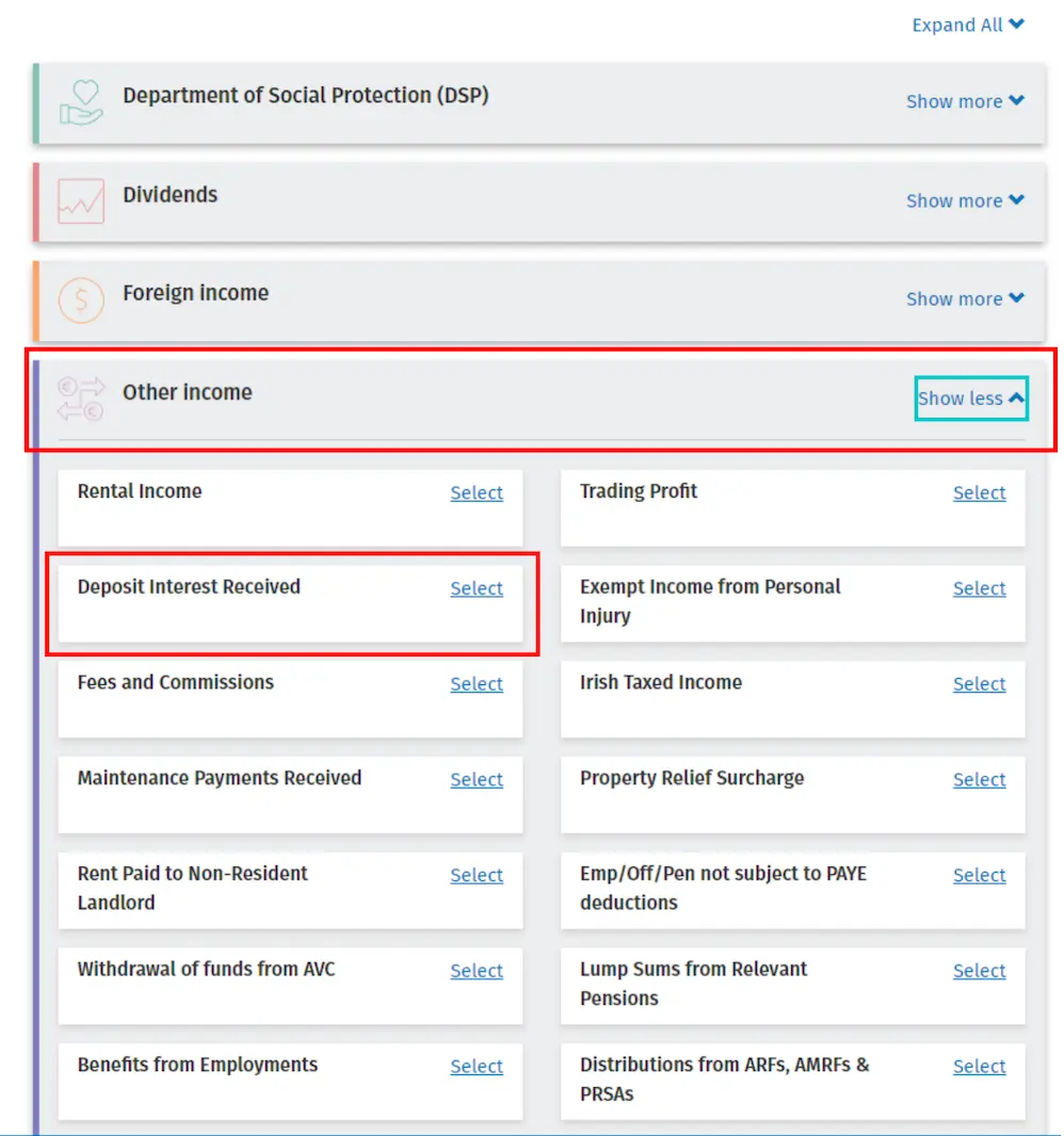 Form 12 Deposit Interest Received Screenshot showing where PAYE taxpayers can enter the interest earned on Irish deposit accounts