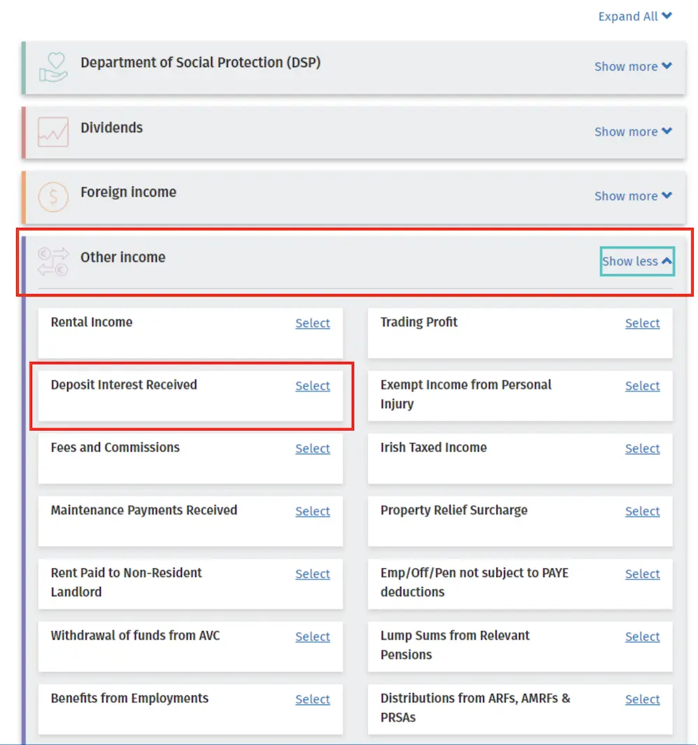 Form 12 Deposit Interest Received Screenshot showing where PAYE taxpayers can enter the interest earned on Irish deposit accounts
