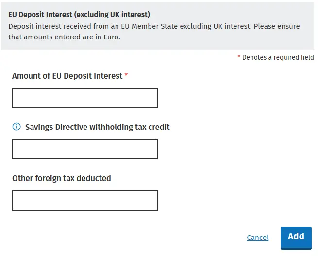 Raisin IE - EU deposit interest 2 Screenshot showing where PAYE taxpayers can enter the interest they’ve earned on EU deposit accounts