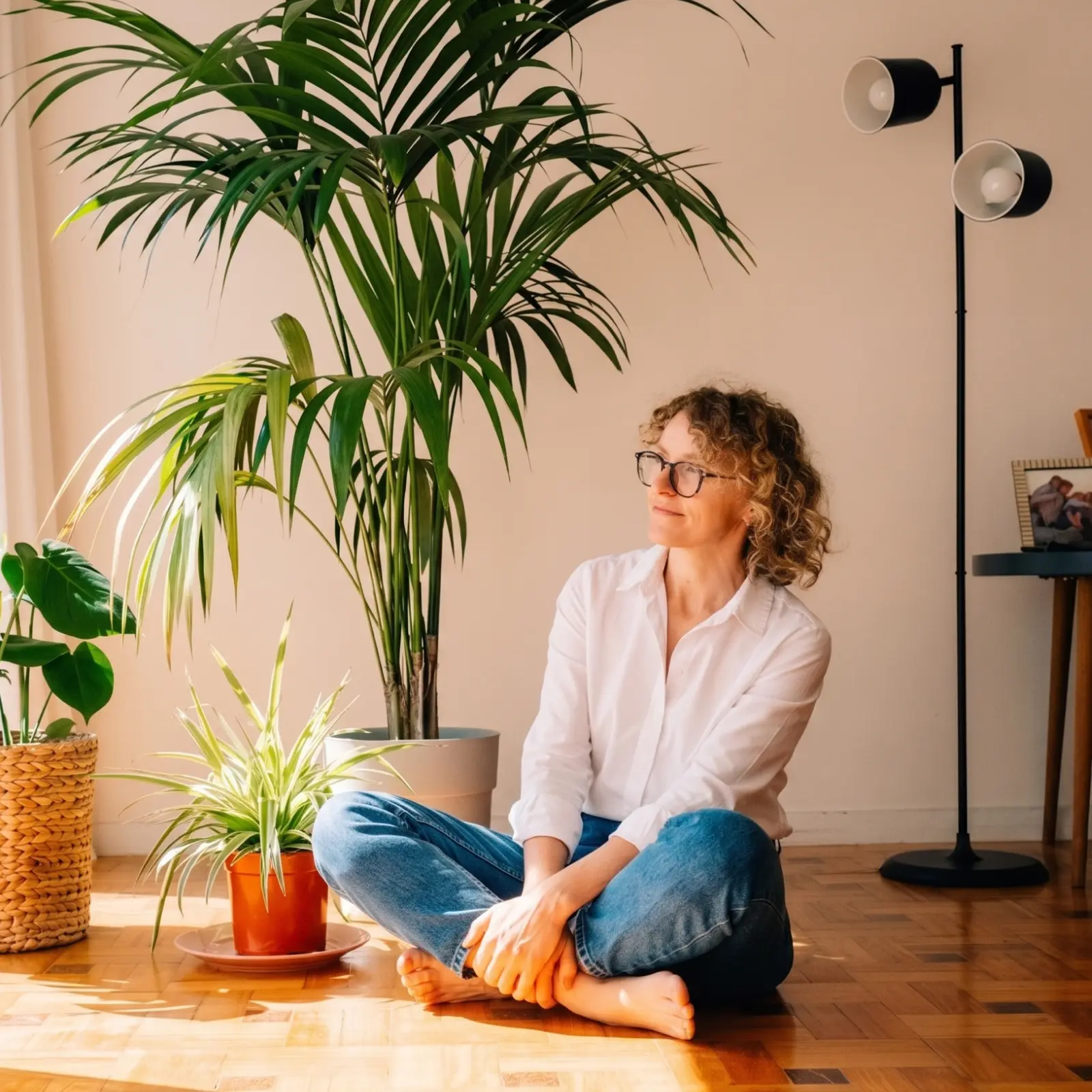 raisin_de_frau_zuhause_entspannt.png Raisin DE – Frau mit lockigen Haaren und Brille sitzt entspannt auf dem Boden inmitten von Zimmerpflanzen.
