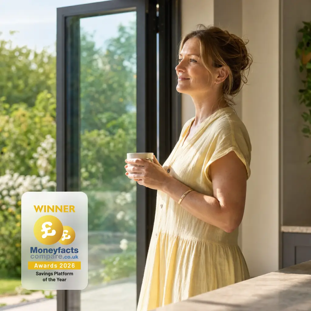 A woman in a yellow dress, looking out of a folding door onto a garden
