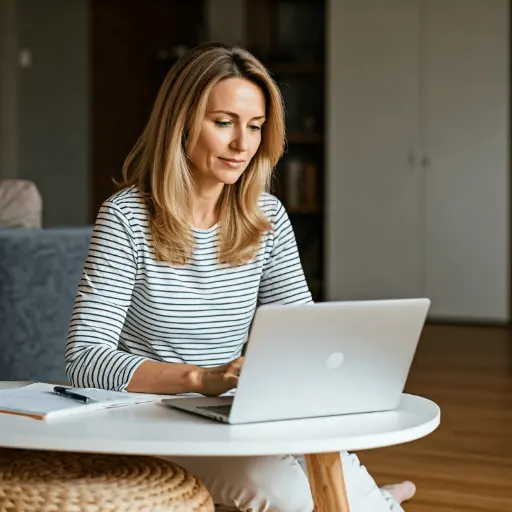 Mujer rubia con portátil.