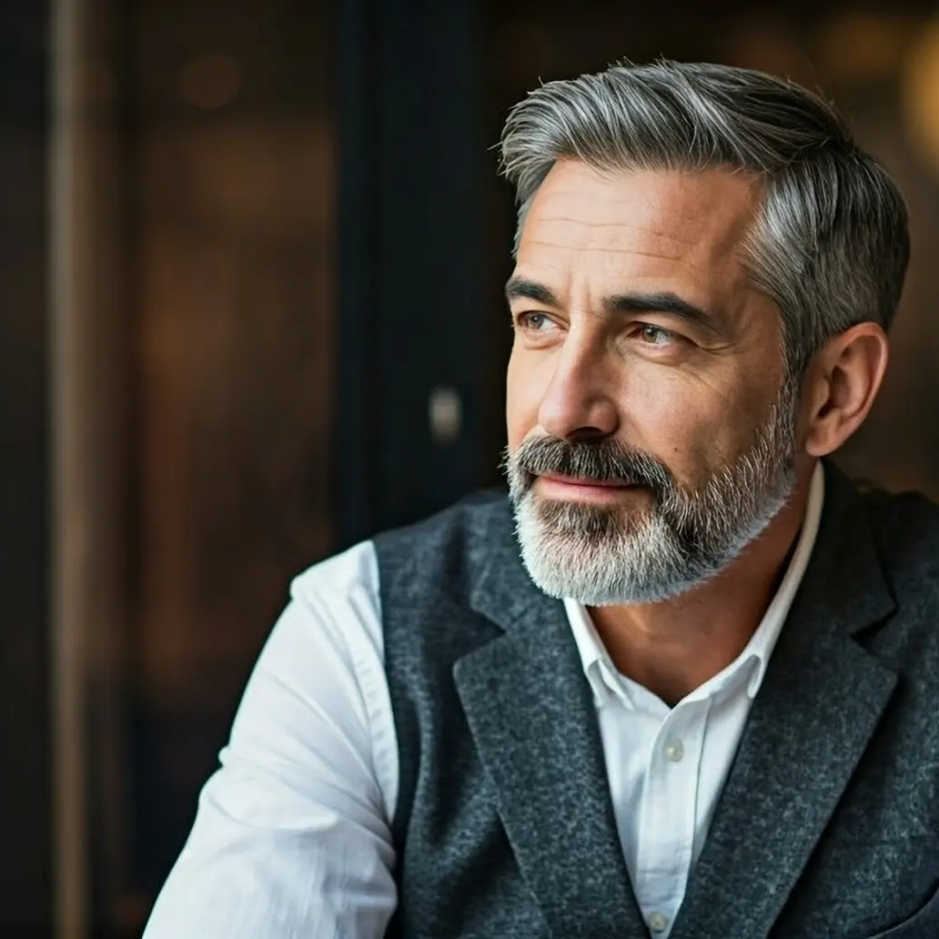 Hombre con barba gris y chaleco azul oscuro sonríe apenas mientras mira hacia un lado.