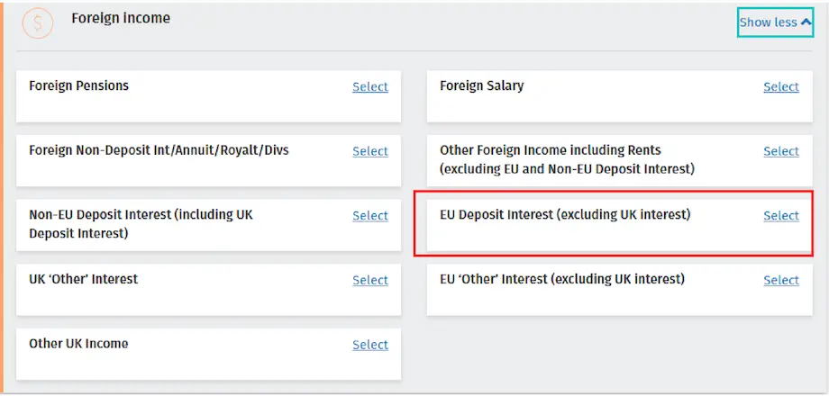 Raisin IE - EU deposit interest Screenshot showing where PAYE taxpayers can find the foreign income section on MyAccount