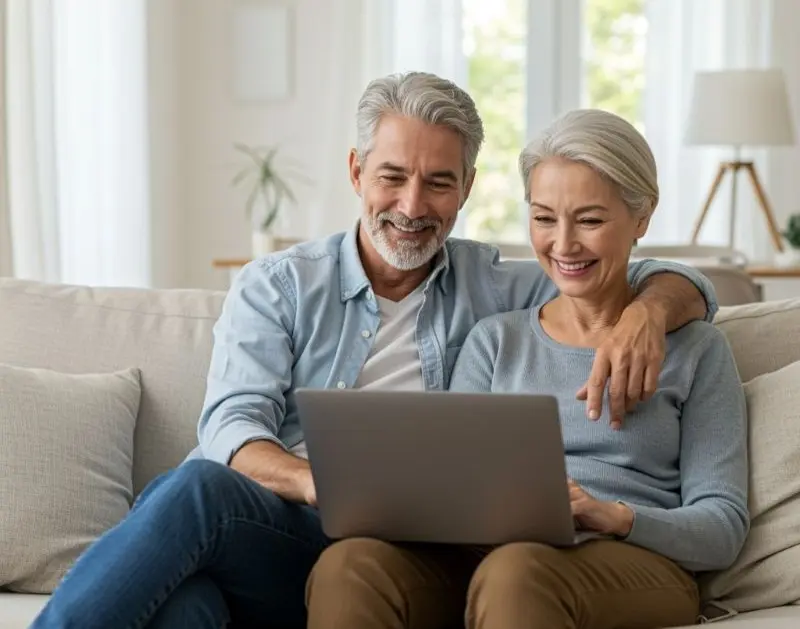 foto van een stel op de bank achter laptop