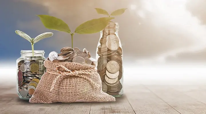 Glazen pot en geldzak vol munten met een groeiend plantje.