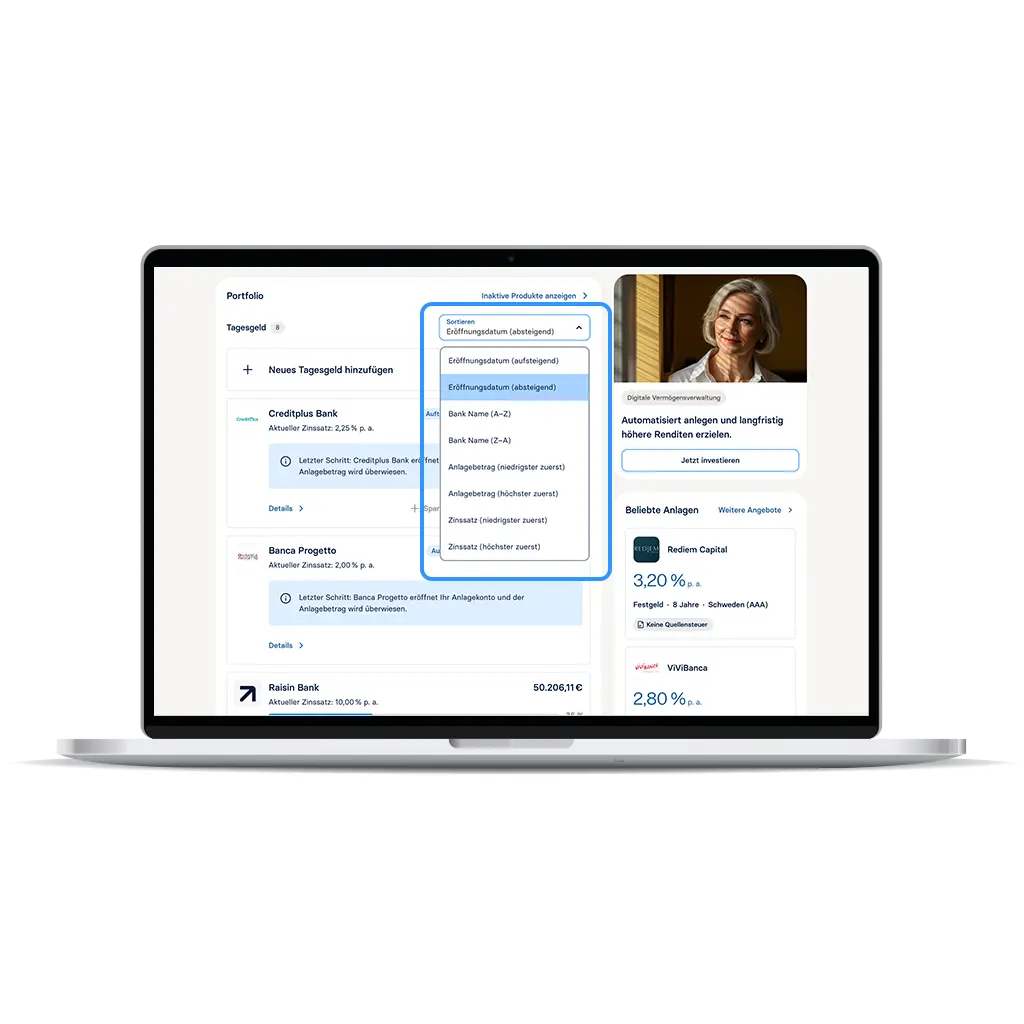 Raisin AT-Neue Sortierungsmöglichkeiten Das Portfolio lässt sich nach mehreren Kriterien sortieren.