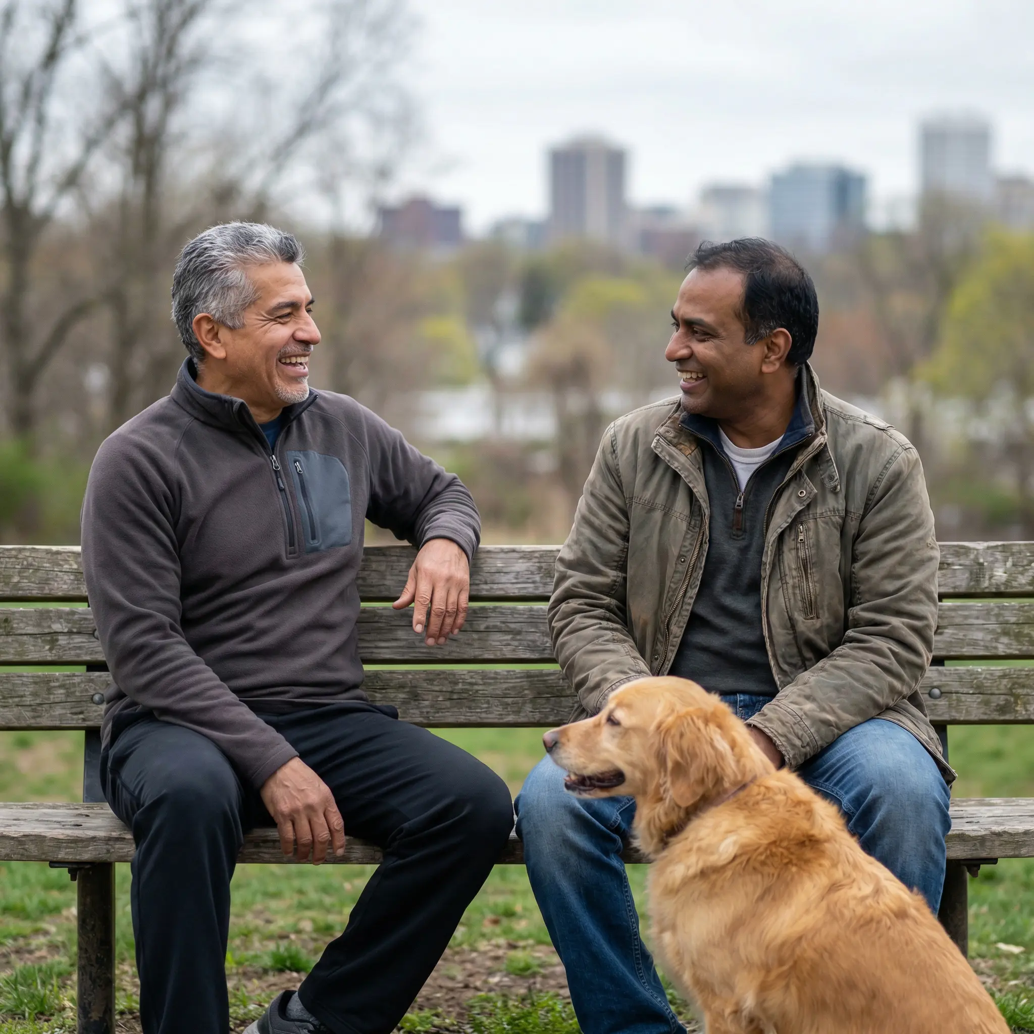 About-Patriot-Bank.png Two men sitting on a park bench chatting with a dog nearby