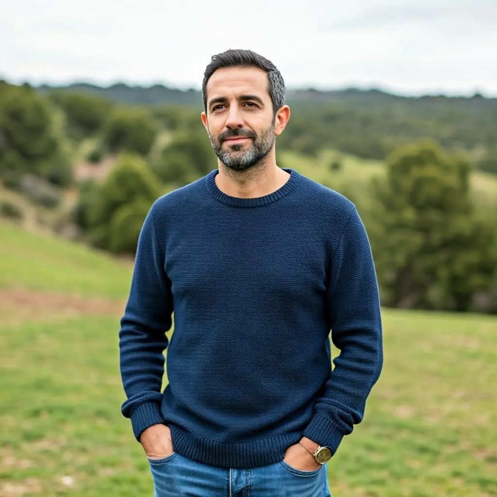 Man standing outdoors in a grassy field, wearing a navy blue sweater and jeans, with trees and hills in the background.