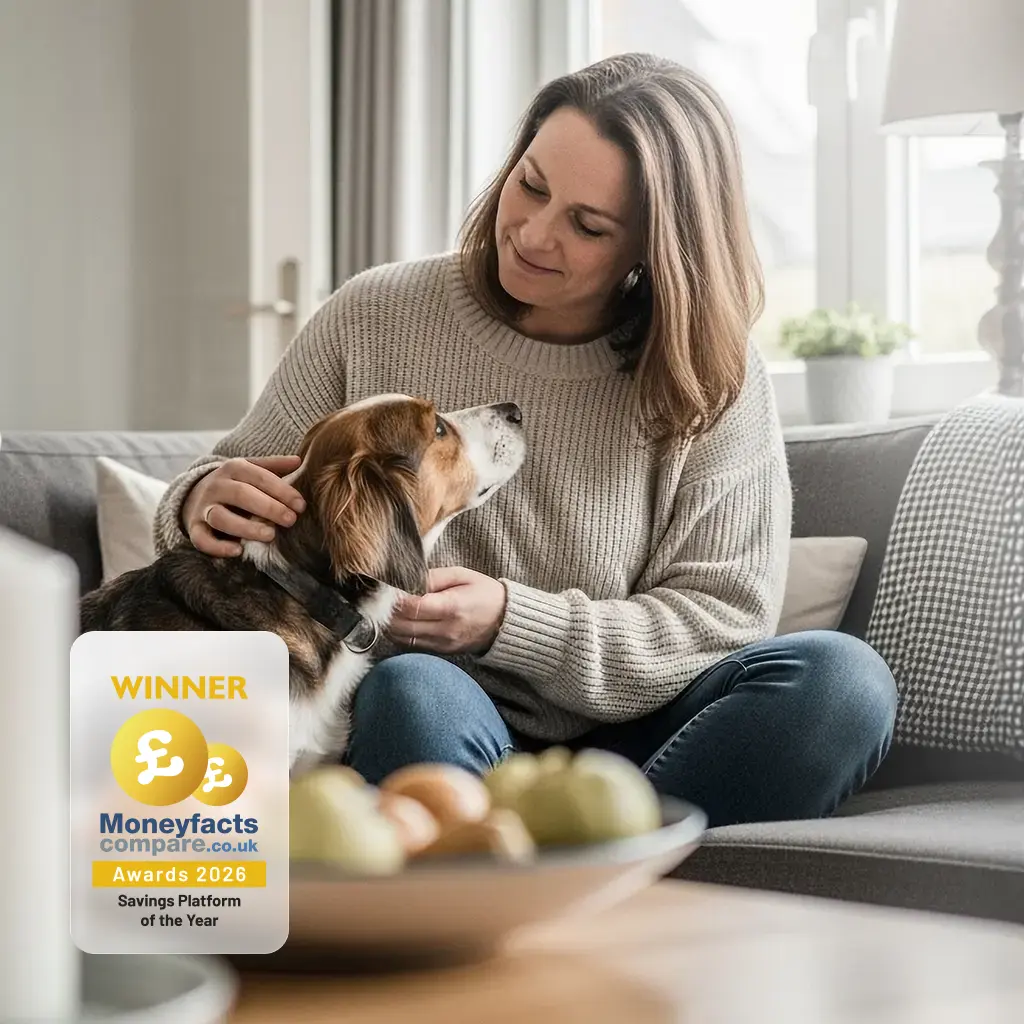 A woman and a dog on a sofa