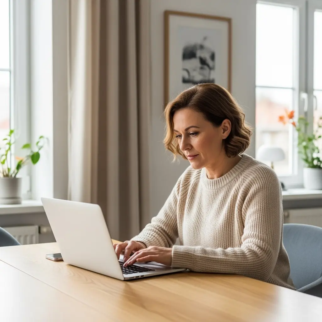 Kobieta w średnim wieku siedząca przy stole z laptopem